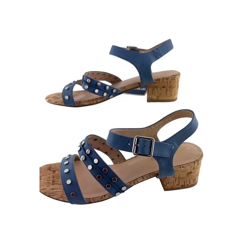 Restricted Studded Block Heel Sandals Size‎ 8M Cork Open Toe Blue Casual Summer